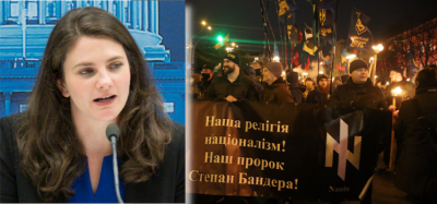 Left: Nina Jankowicz. Right: A parade of Bandera supporters in Kiev.