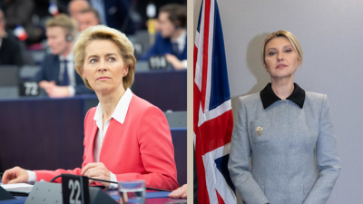 Ursula von der Leyen, left. Ukrainian First Lady Olena Zelenska, right.